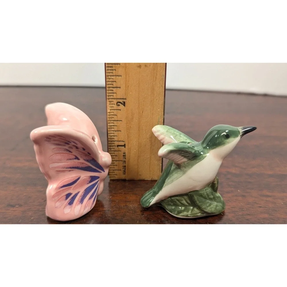Hummingbird Butterfly Ceramic Salt Pepper Shakers Pink Green Floral Figurines